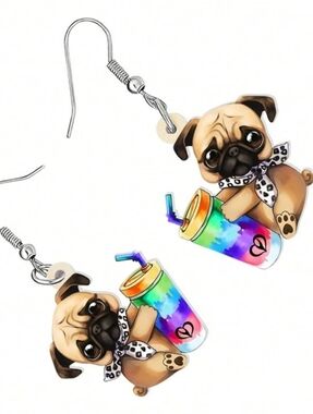 Hand Crafted Cute Pug Earrings with Rainbow Drink Charm - Brown